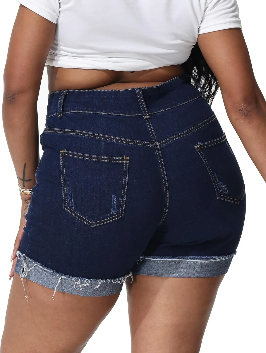 Womens Plus Size Jean Shorts High Waisted Stretchy Ripped Frayed Folded Hem Denim Shorts