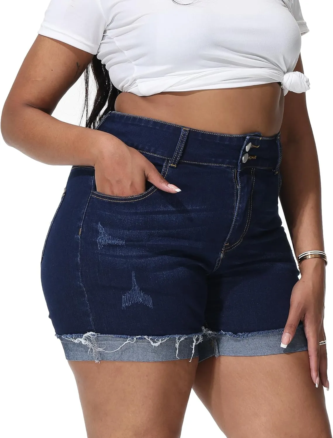 Womens Plus Size Jean Shorts High Waisted Stretchy Ripped Frayed Folded Hem Denim Shorts