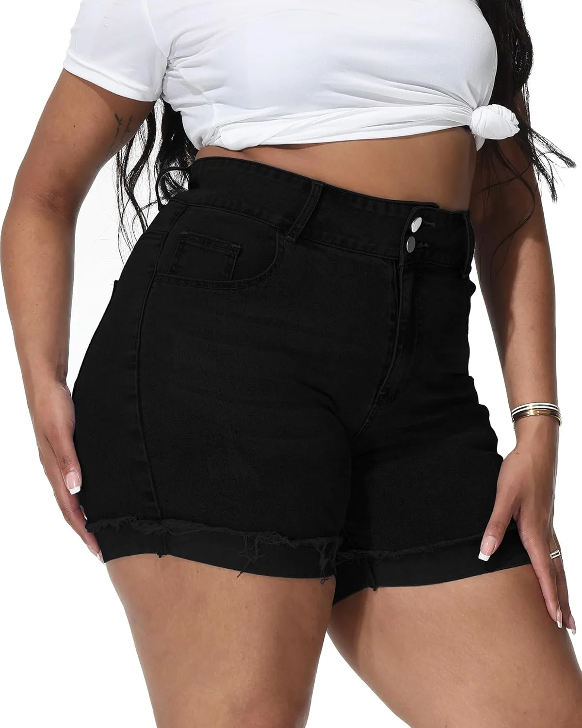 Womens Plus Size Jean Shorts High Waisted Stretchy Ripped Frayed Folded Hem Denim Shorts