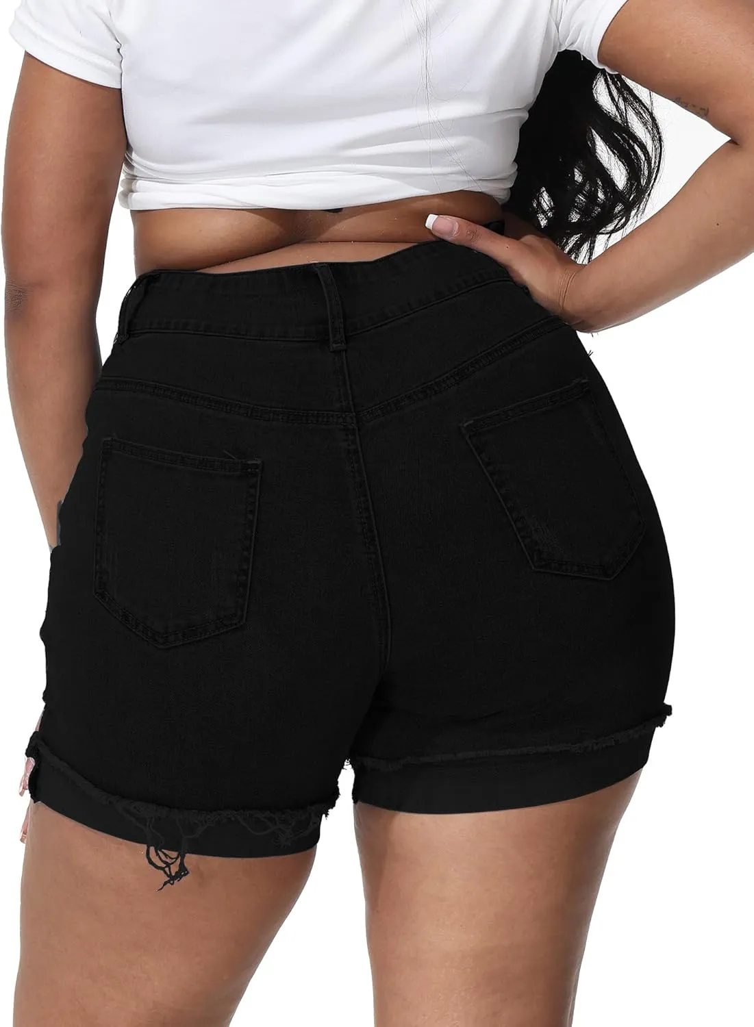 Womens Plus Size Jean Shorts High Waisted Stretchy Ripped Frayed Folded Hem Denim Shorts
