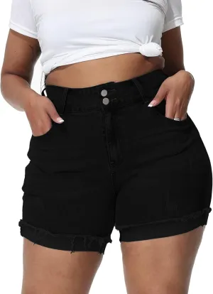 Womens Plus Size Jean Shorts High Waisted Stretchy Ripped Frayed Folded Hem Denim Shorts