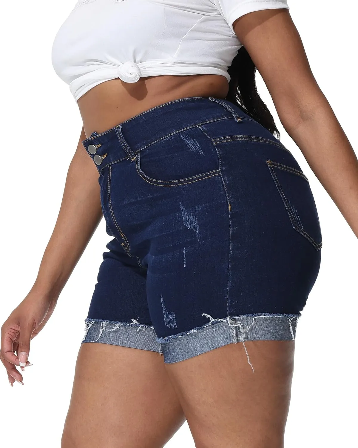 Womens Plus Size Jean Shorts High Waisted Stretchy Ripped Frayed Folded Hem Denim Shorts