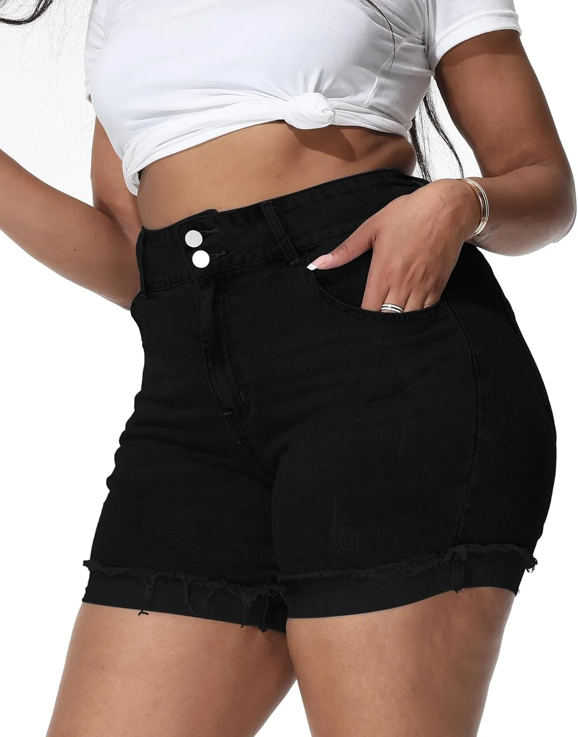 Womens Plus Size Jean Shorts High Waisted Stretchy Ripped Frayed Folded Hem Denim Shorts