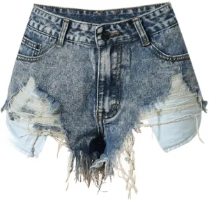 Womens Ripped Denim Shorts Mid Waisted Cutoff Distressed Roll Hem Jeans Summer Hot Shorts with Pockets