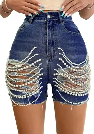 Womens Ripped Jean Shorts Stretch High Waisted Pearl Chains Frayed Distressed Denim Shorts Party Clubwear