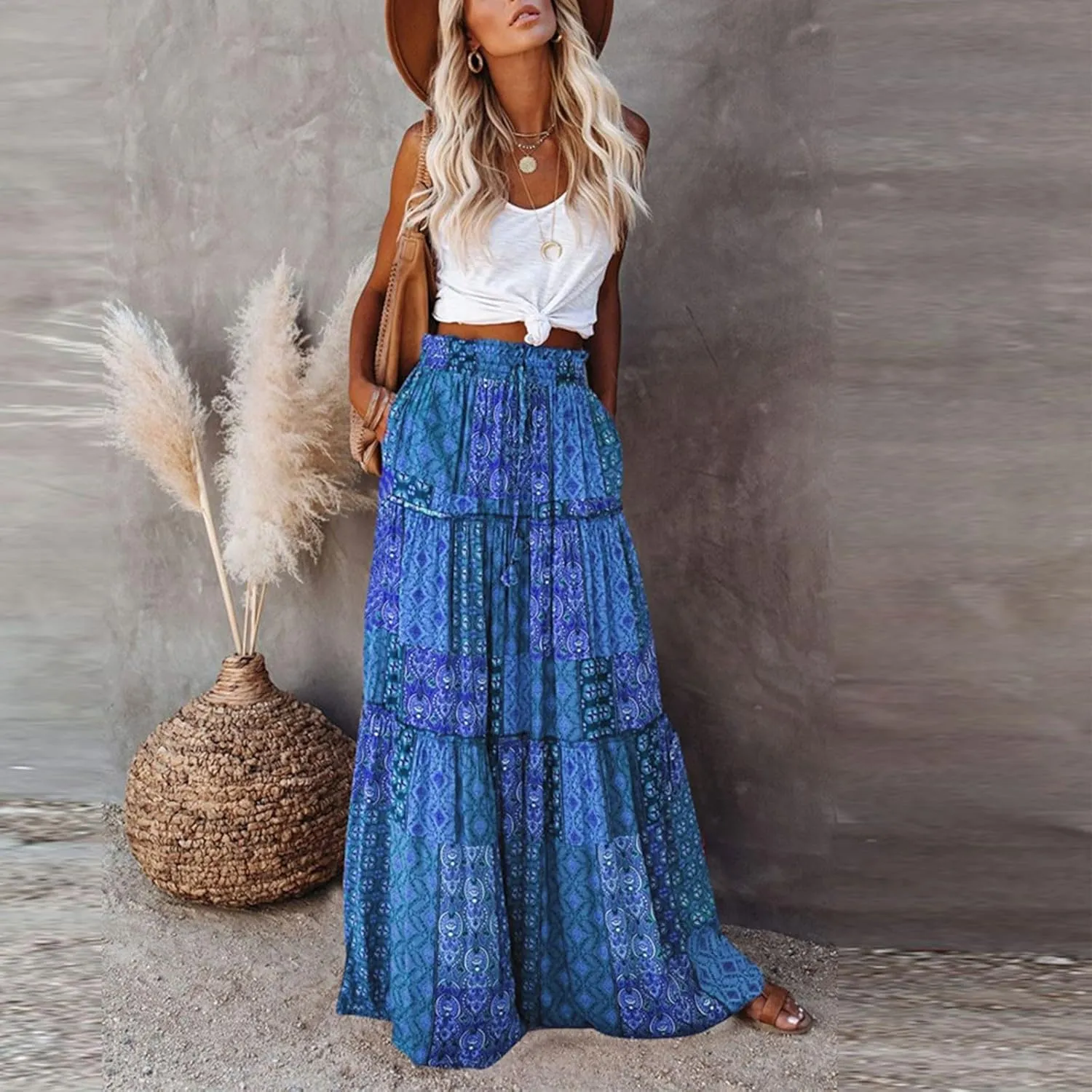 Women's Skirt Casual Smocked Floral Print Maxi Skirt Bohemian Flowy Tube Dress High WAIS 2025 Summer A-Line Skirts