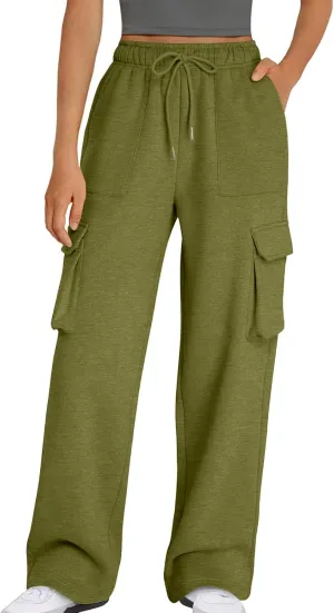 Women's Straight Wide Leg Sweatpants High Waist Drawstring Elastic Joggers Lounge Sweat Pants with Pockets