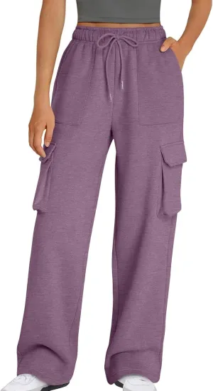 Women's Straight Wide Leg Sweatpants High Waist Drawstring Elastic Joggers Lounge Sweat Pants with Pockets