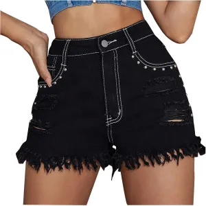Women's Stretchy Denim Jean Shorts with Pocket Distressed Ripped Trendy High Waisted Frayed Raw Hem Casual Jeans Shorts