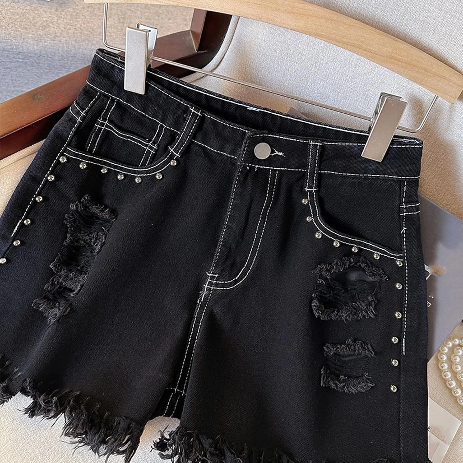 Women's Stretchy Denim Jean Shorts with Pocket Distressed Ripped Trendy High Waisted Frayed Raw Hem Casual Jeans Shorts