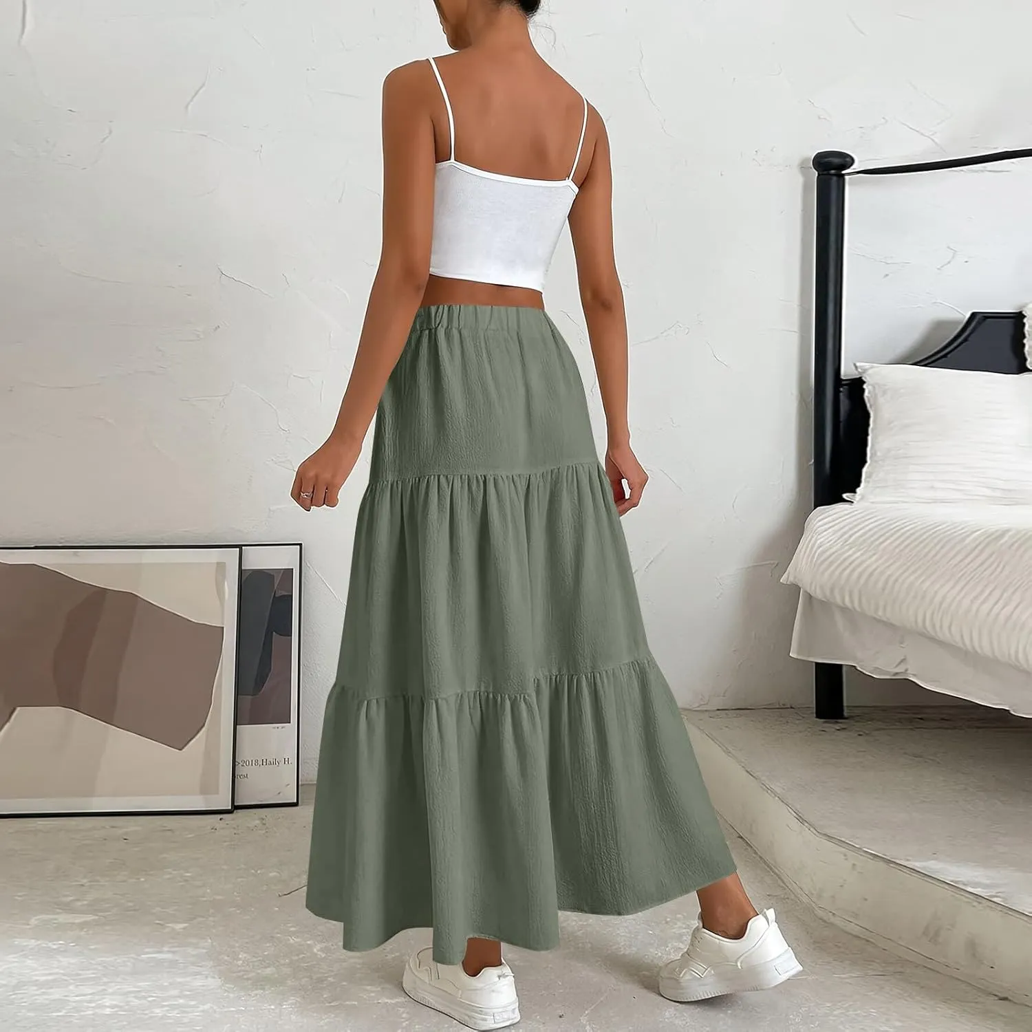 Womens Summer Skirt Beach Maxi Skirt Drawstring High Waisted Pleated Tiered A Line Skirts Trendy Long Flowy Skirts