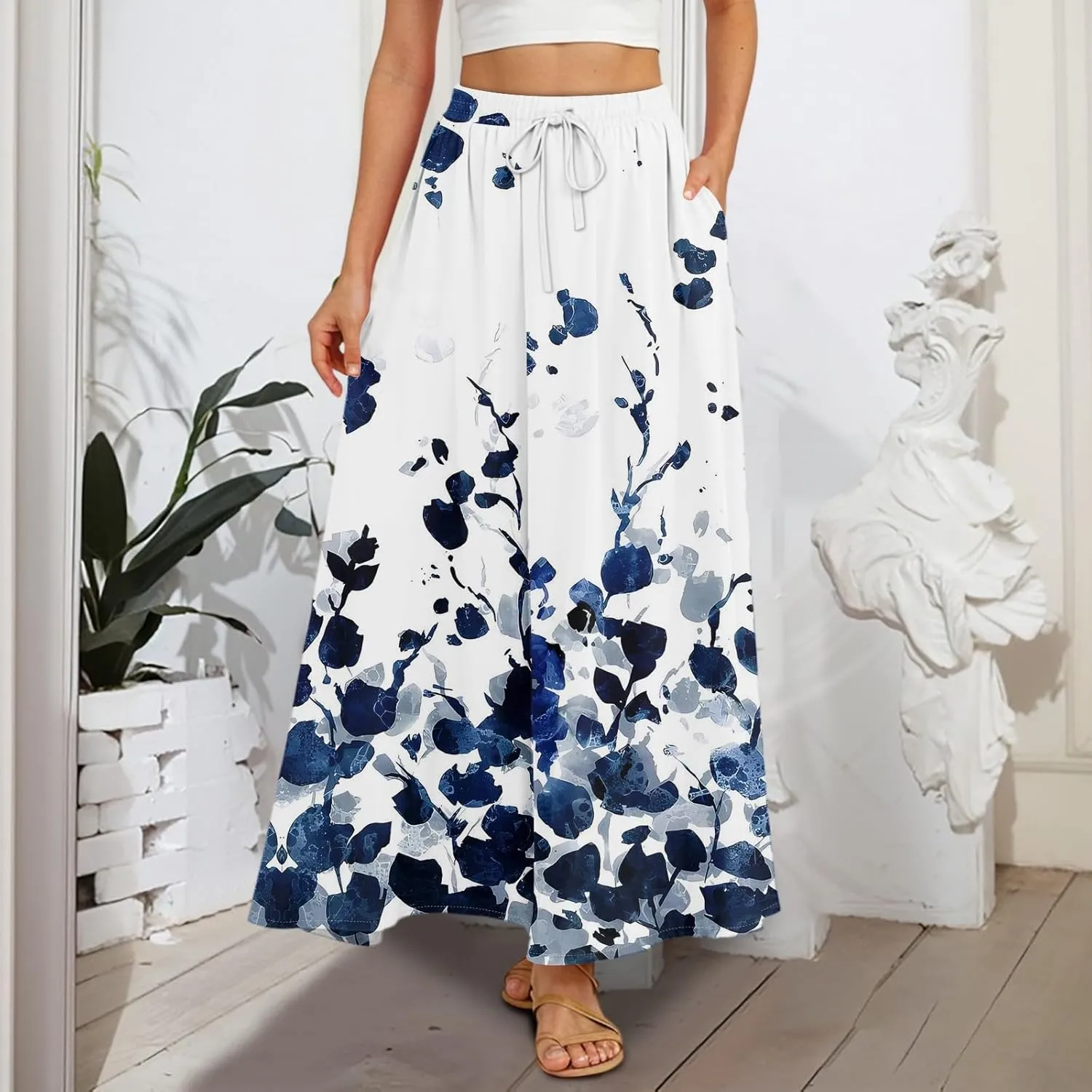 Women's Summer Skirts Maxi Skirts Drawstring Elastic High Waisted Pleated Aline Skirt Boho Long Skirt with Pockets