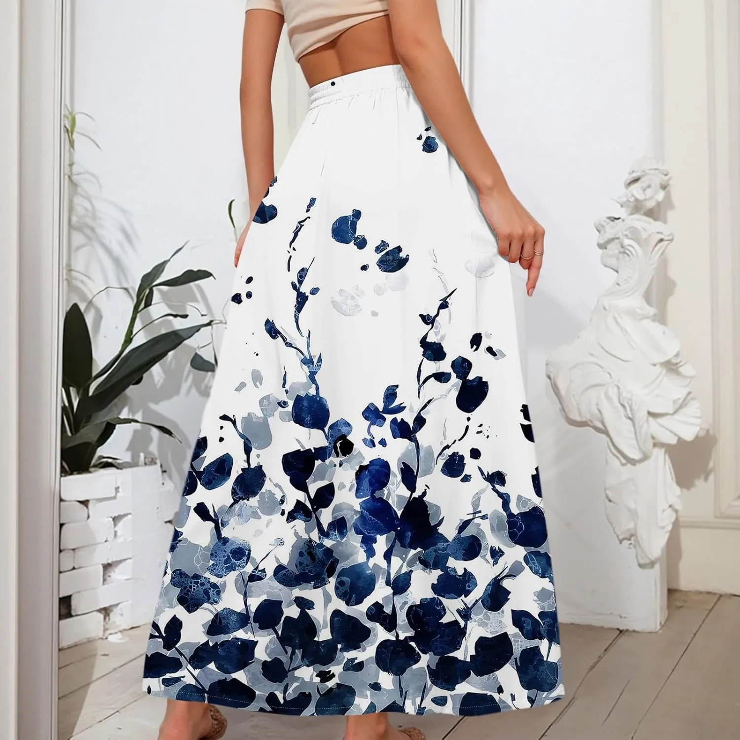 Women's Summer Skirts Maxi Skirts Drawstring Elastic High Waisted Pleated Aline Skirt Boho Long Skirt with Pockets