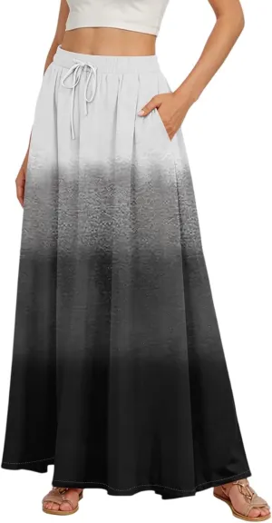 Women's Summer Skirts Maxi Skirts Drawstring Elastic High Waisted Pleated Aline Skirt Boho Long Skirt with Pockets