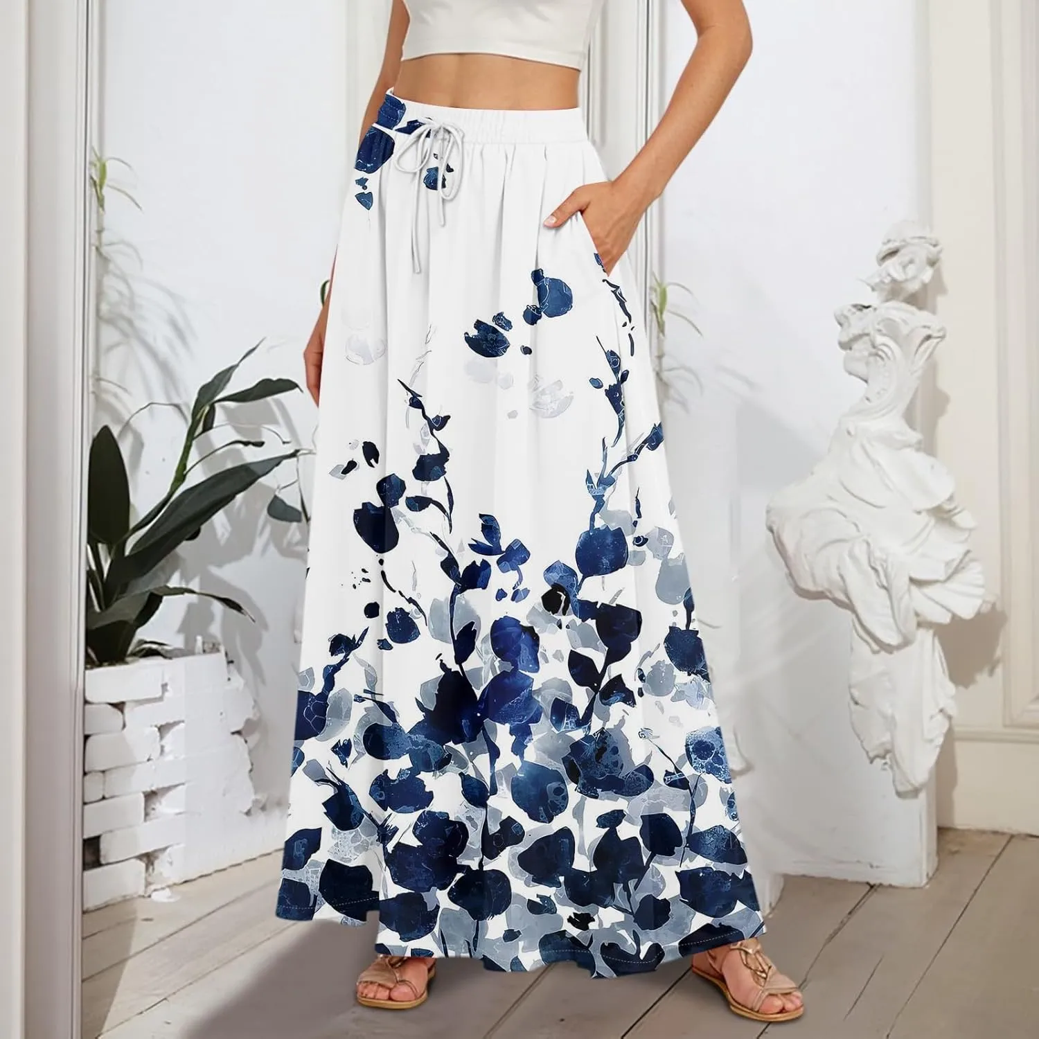 Women's Summer Skirts Maxi Skirts Drawstring Elastic High Waisted Pleated Aline Skirt Boho Long Skirt with Pockets
