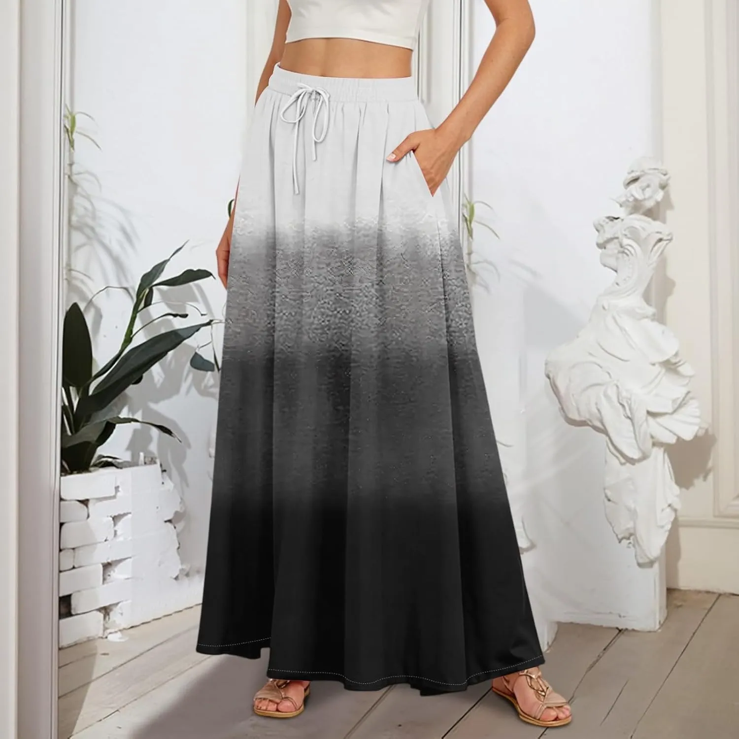 Women's Summer Skirts Maxi Skirts Drawstring Elastic High Waisted Pleated Aline Skirt Boho Long Skirt with Pockets