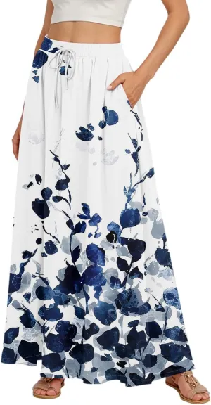 Women's Summer Skirts Maxi Skirts Drawstring Elastic High Waisted Pleated Aline Skirt Boho Long Skirt with Pockets
