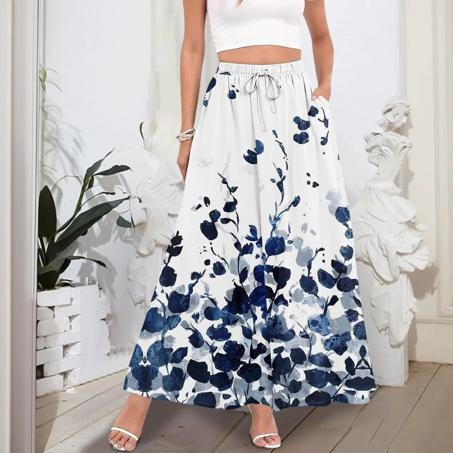 Women's Summer Skirts Maxi Skirts Drawstring Elastic High Waisted Pleated Aline Skirt Boho Long Skirt with Pockets