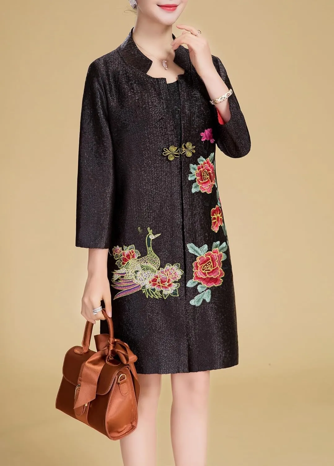 Women's Traditional Embroidery Mandarin Duck Flowers Crinkled One Button Blazer Chinese Jacket