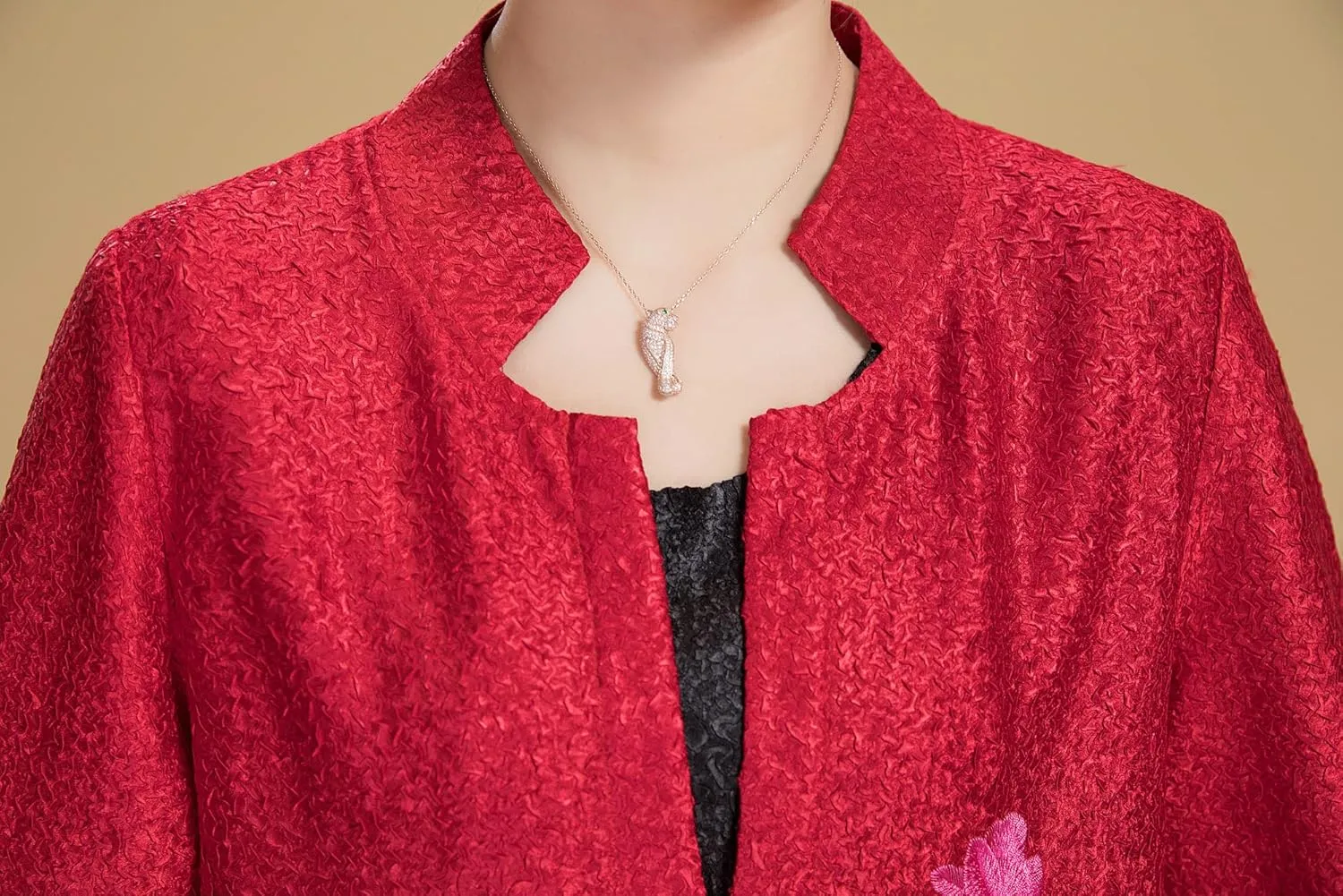 Women's Traditional Embroidery Mandarin Duck Flowers Crinkled One Button Blazer Chinese Jacket