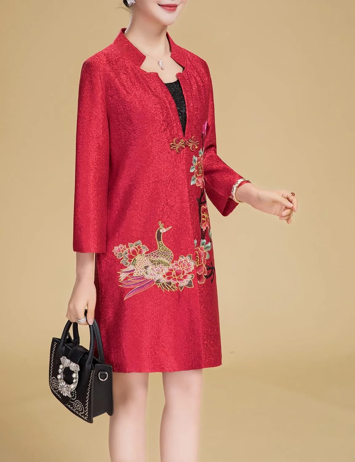 Women's Traditional Embroidery Mandarin Duck Flowers Crinkled One Button Blazer Chinese Jacket
