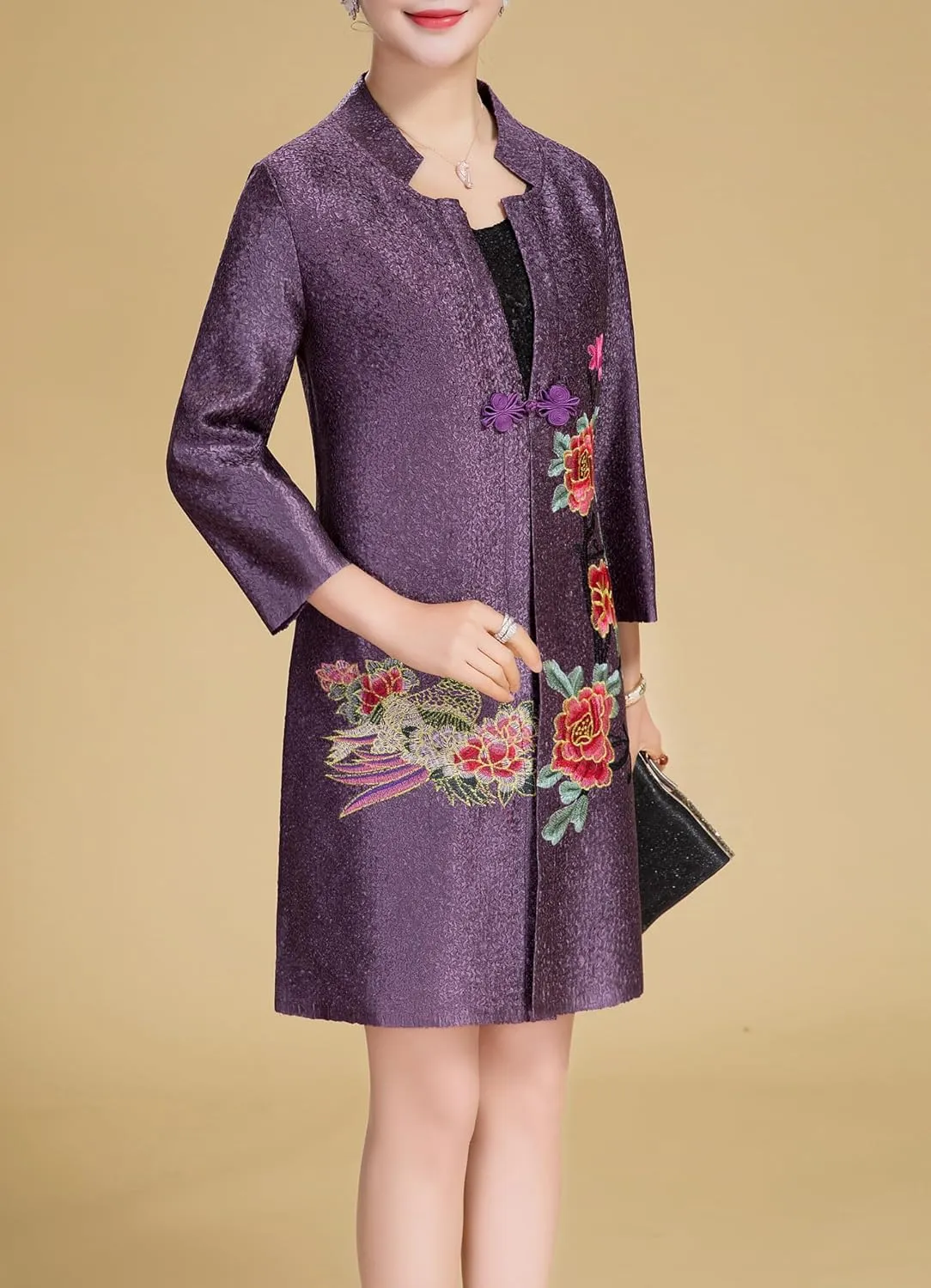 Women's Traditional Embroidery Mandarin Duck Flowers Crinkled One Button Blazer Chinese Jacket