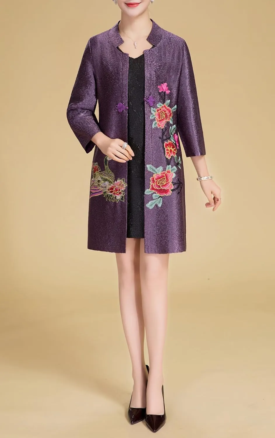 Women's Traditional Embroidery Mandarin Duck Flowers Crinkled One Button Blazer Chinese Jacket