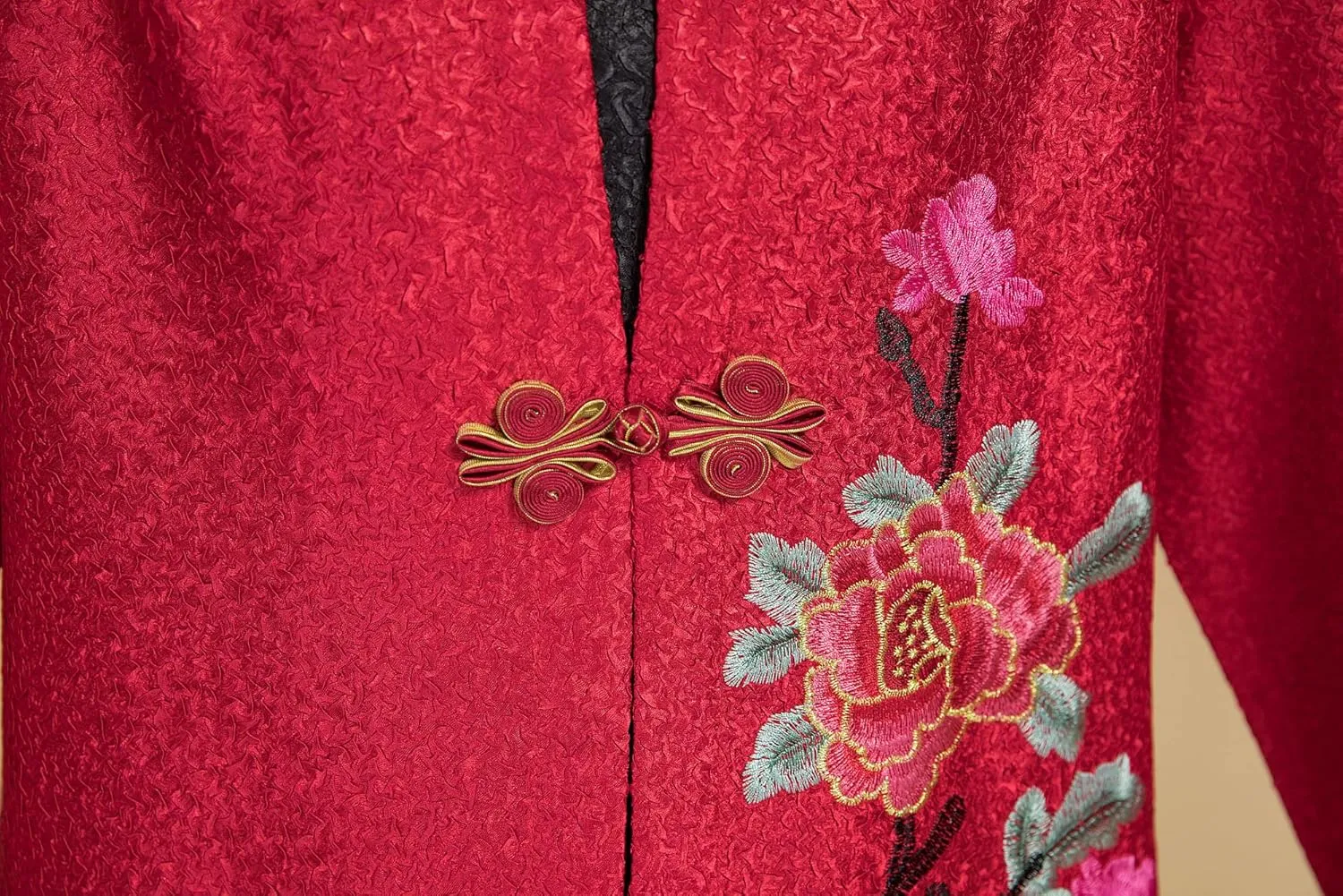 Women's Traditional Embroidery Mandarin Duck Flowers Crinkled One Button Blazer Chinese Jacket