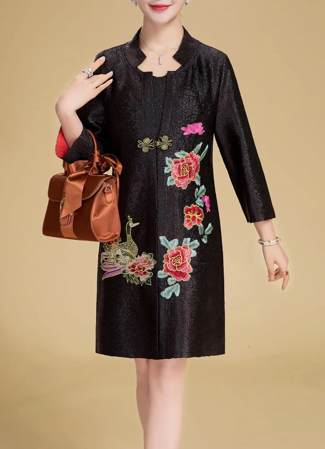 Women's Traditional Embroidery Mandarin Duck Flowers Crinkled One Button Blazer Chinese Jacket