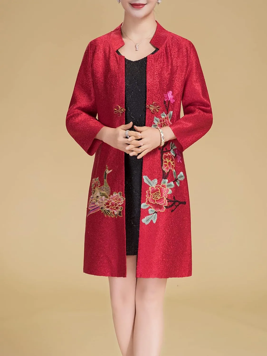 Women's Traditional Embroidery Mandarin Duck Flowers Crinkled One Button Blazer Chinese Jacket