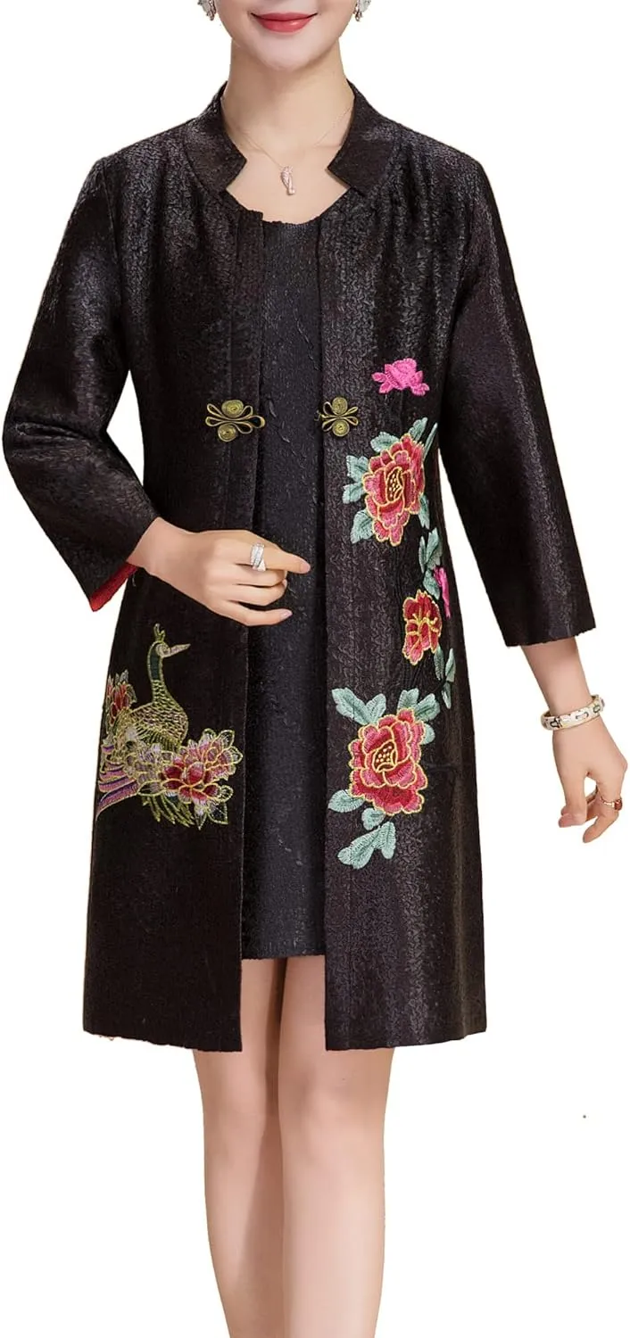 Women's Traditional Embroidery Mandarin Duck Flowers Crinkled One Button Blazer Chinese Jacket