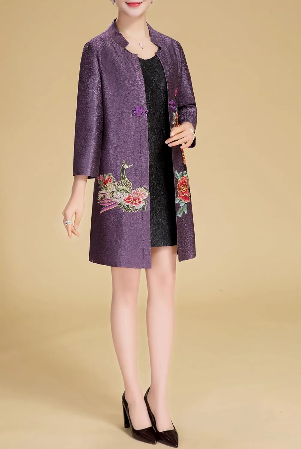 Women's Traditional Embroidery Mandarin Duck Flowers Crinkled One Button Blazer Chinese Jacket
