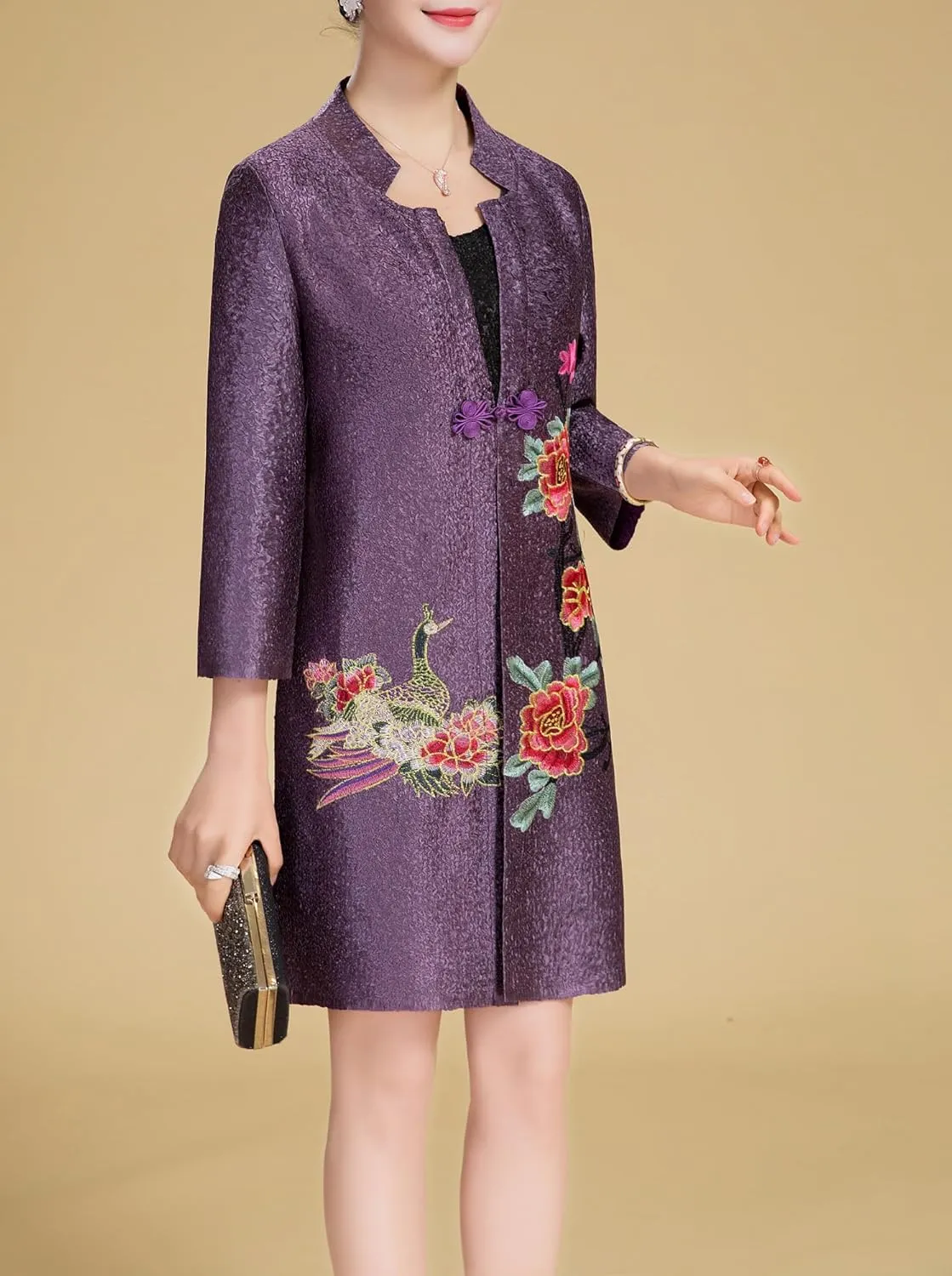Women's Traditional Embroidery Mandarin Duck Flowers Crinkled One Button Blazer Chinese Jacket