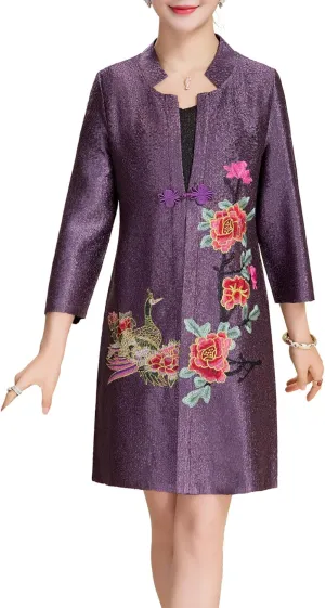 Women's Traditional Embroidery Mandarin Duck Flowers Crinkled One Button Blazer Chinese Jacket