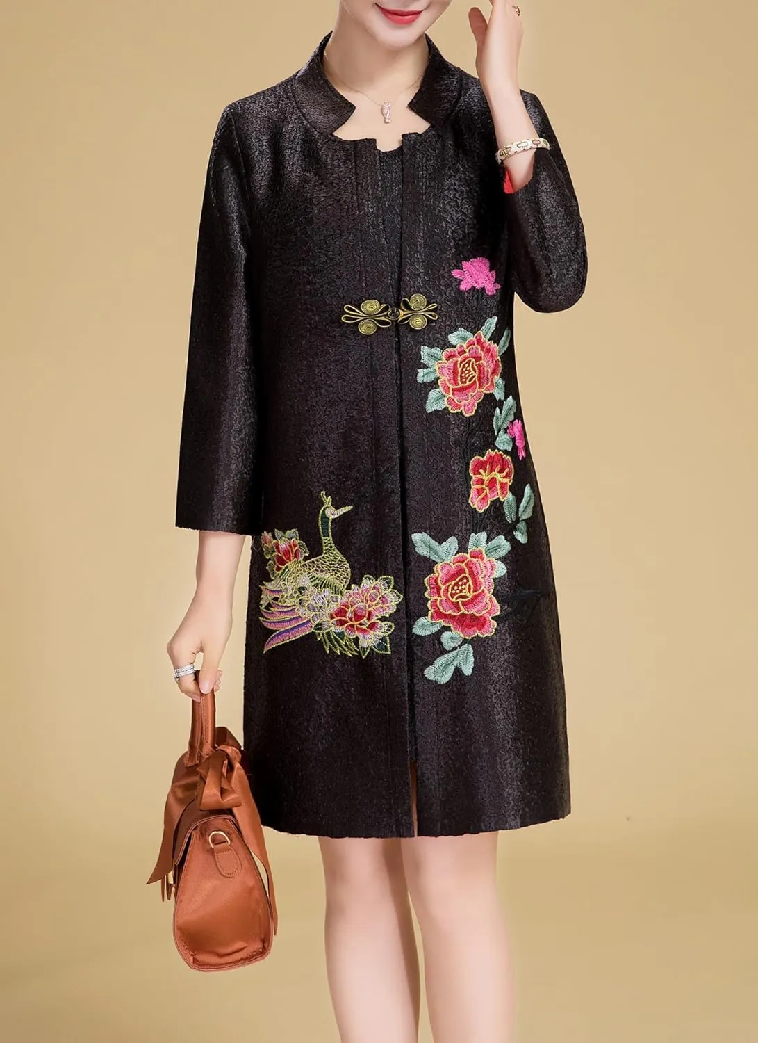 Women's Traditional Embroidery Mandarin Duck Flowers Crinkled One Button Blazer Chinese Jacket