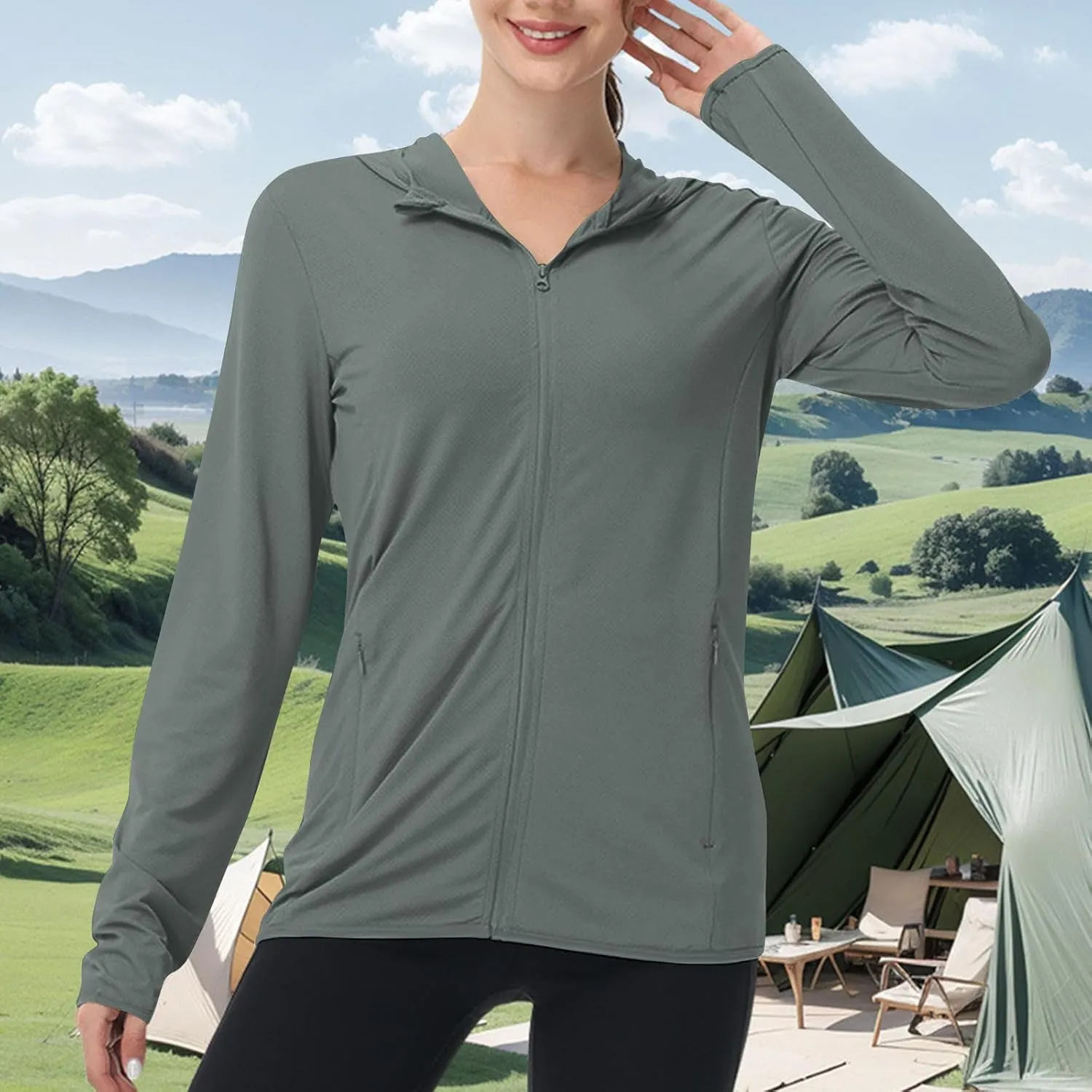 Womens UPF 50  Sun Protection Hoodie Sun Shirt Lightweight Long Sleeve Jacket UV Rash Guard Zip Front Outdoor Top