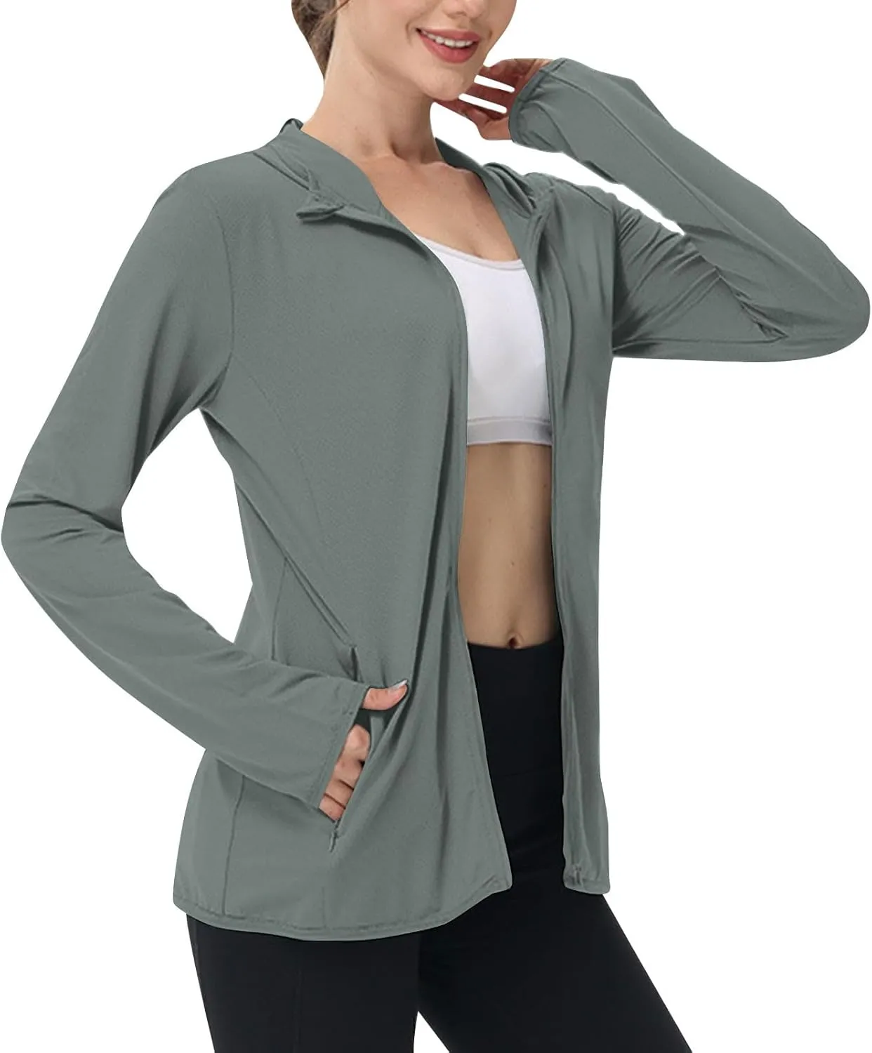 Womens UPF 50  Sun Protection Hoodie Sun Shirt Lightweight Long Sleeve Jacket UV Rash Guard Zip Front Outdoor Top