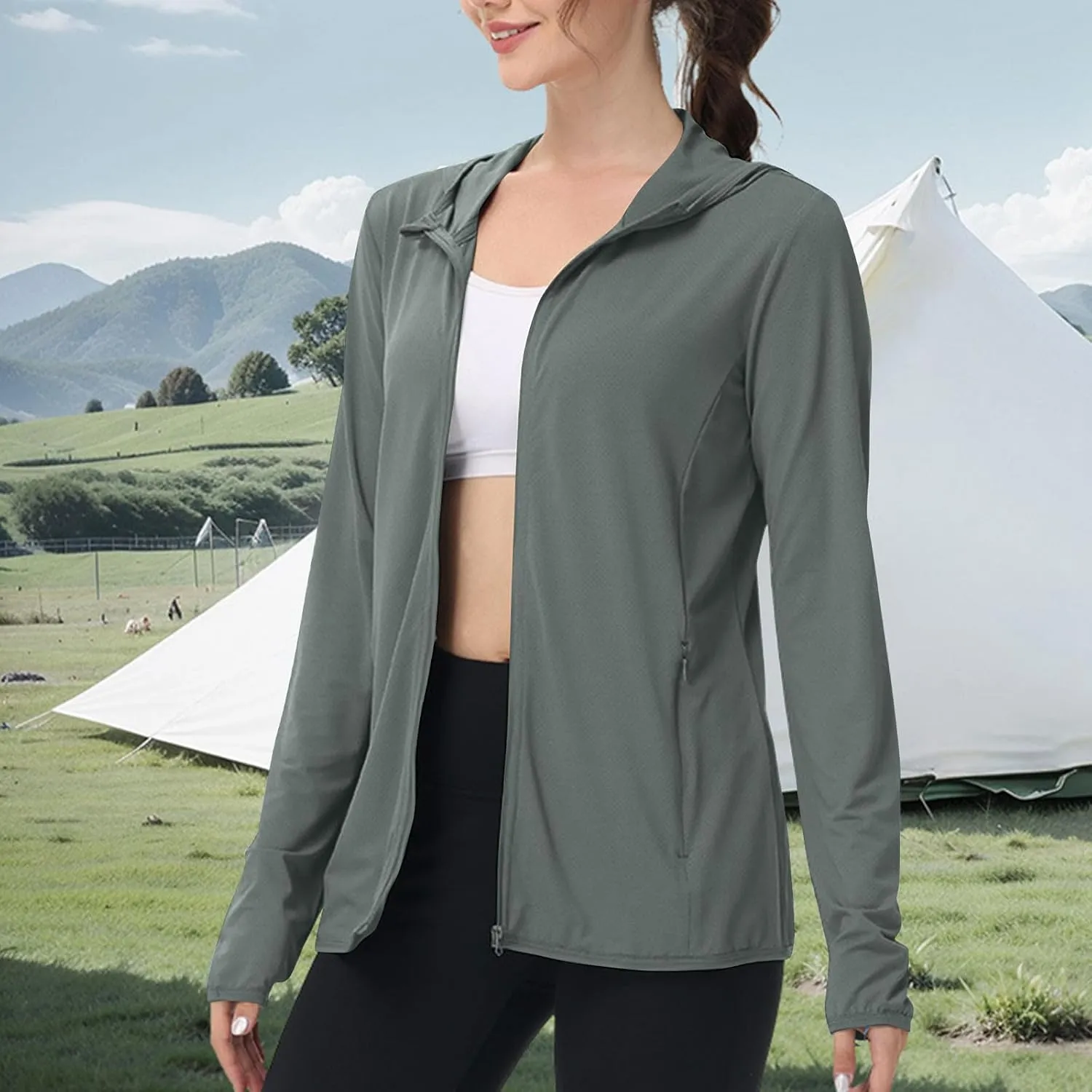 Womens UPF 50  Sun Protection Hoodie Sun Shirt Lightweight Long Sleeve Jacket UV Rash Guard Zip Front Outdoor Top