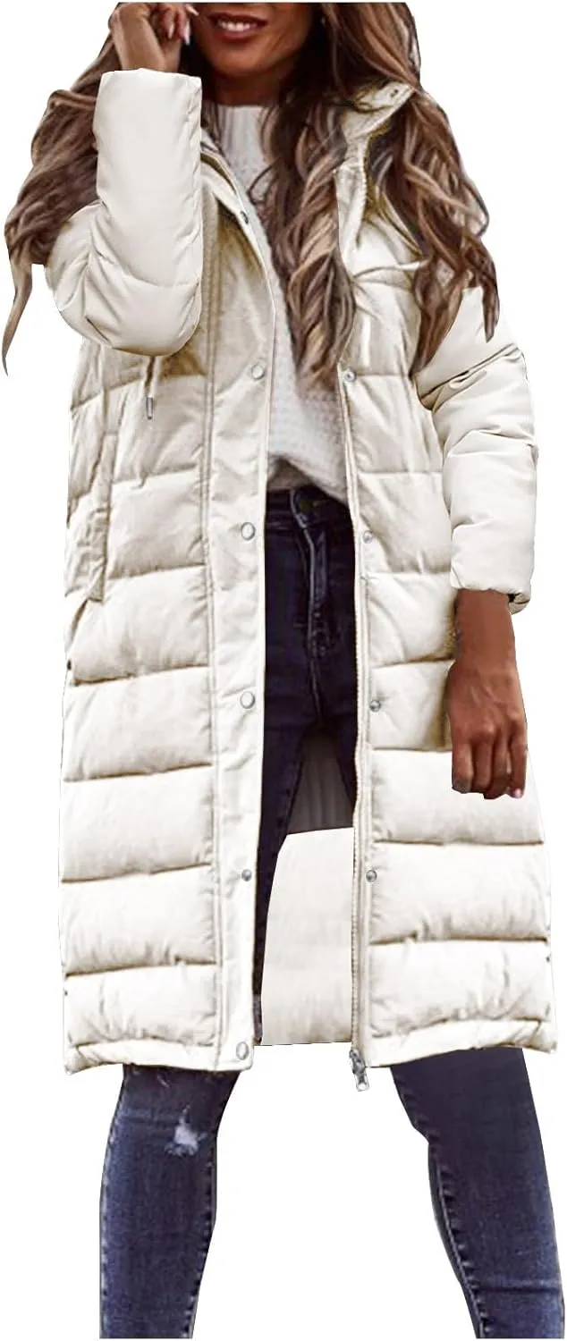 Womens Warm Quilted Puffer Coat Mid Long down Jacket Thickened Padded Winter down Coats Hooded Parka Fashion Jackets