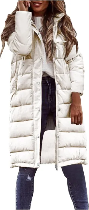 Womens Warm Quilted Puffer Coat Mid Long down Jacket Thickened Padded Winter down Coats Hooded Parka Fashion Jackets