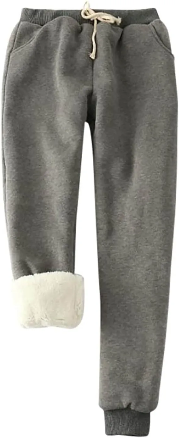 Womens Warm Sherpa Lined Sweatpants Drawstring Elastic Joggers Pants Comfy Lounge High Waist Pants