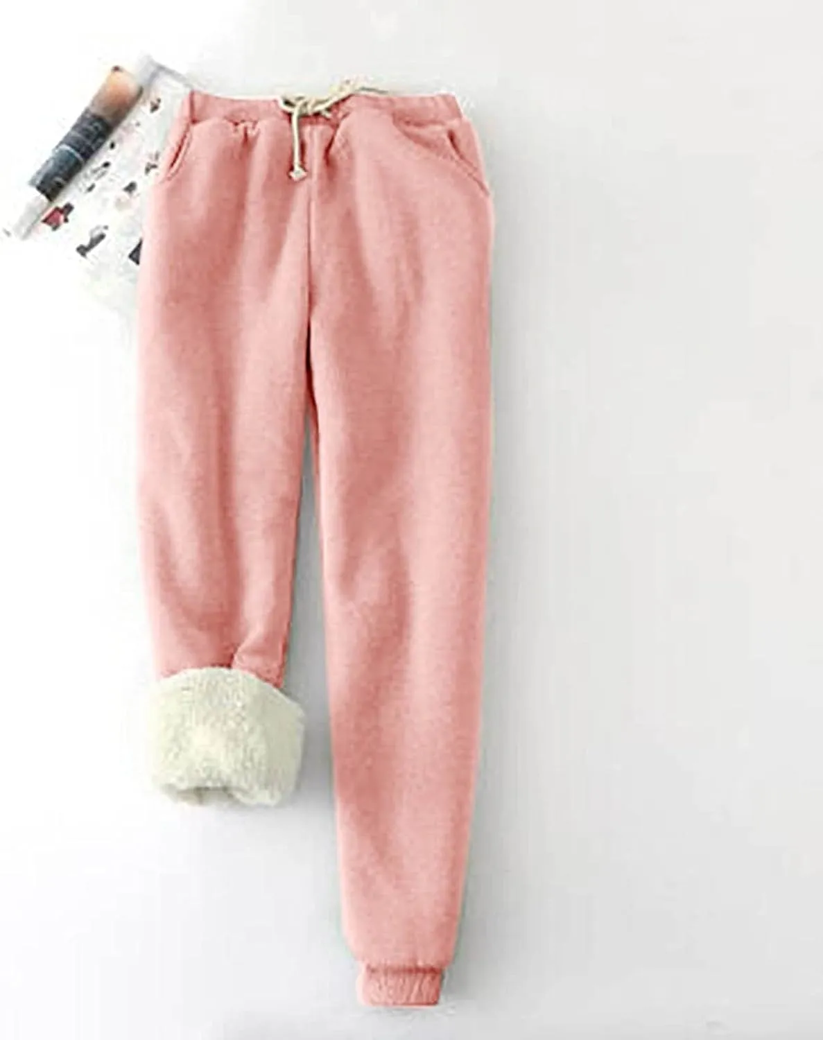 Womens Warm Sherpa Lined Sweatpants Drawstring Elastic Joggers Pants Comfy Lounge High Waist Pants
