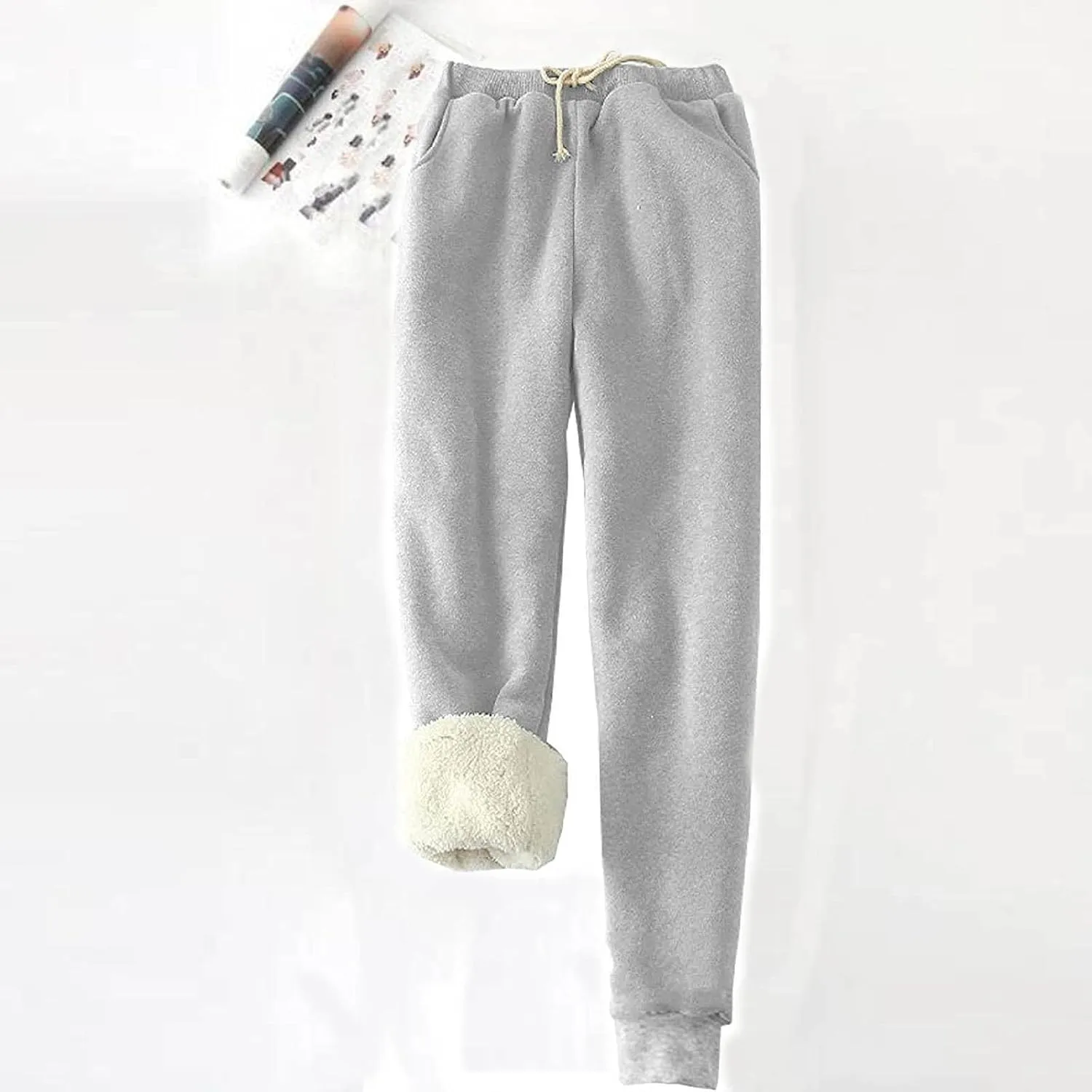Womens Warm Sherpa Lined Sweatpants Drawstring Elastic Joggers Pants Comfy Lounge High Waist Pants