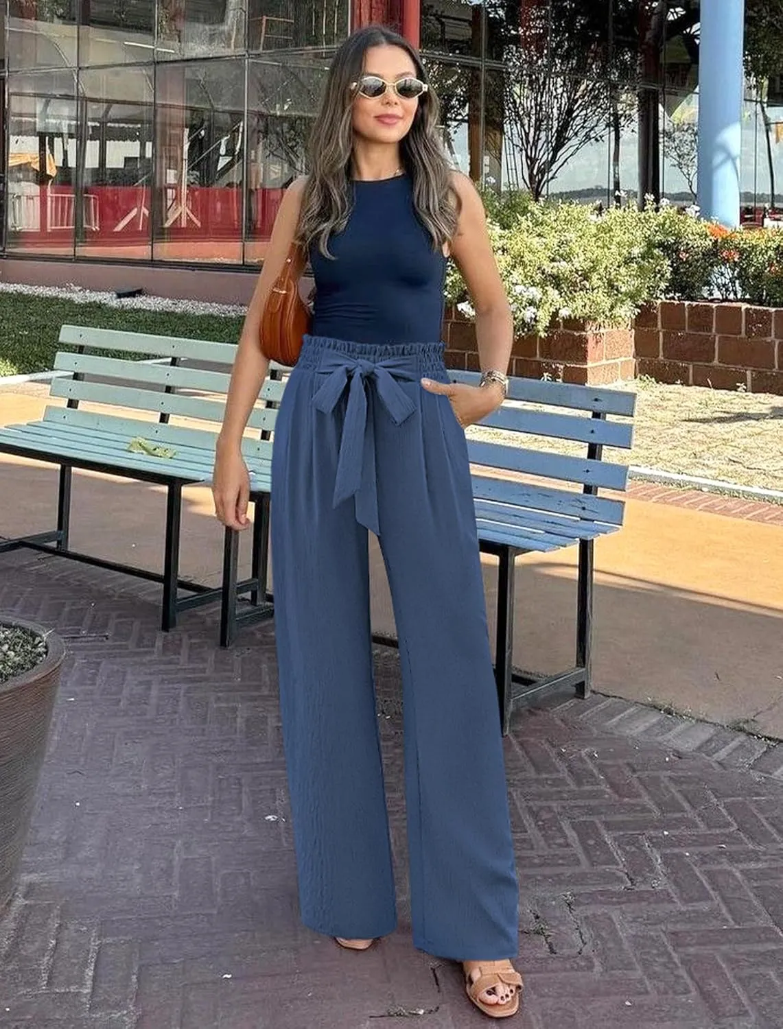 Women's Wide Leg Lounge Pants with Pockets Lightweight High Waisted Adjustable Tie Knot Loose Trousers