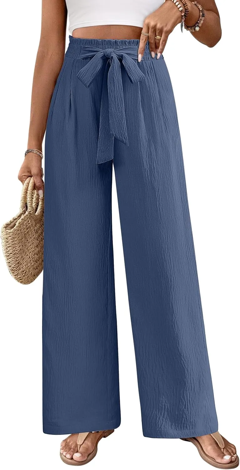 Women's Wide Leg Lounge Pants with Pockets Lightweight High Waisted Adjustable Tie Knot Loose Trousers