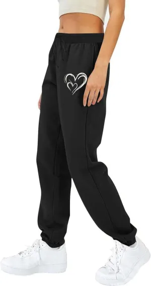 Workout Pants Women Trendy Heart Print Cinch Bottom Casual Pants High Waist Drawstring Jogger Sweatpants with Pockets