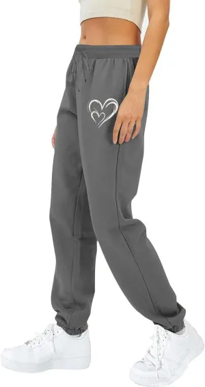 Workout Pants Women Trendy Heart Print Cinch Bottom Casual Pants High Waist Drawstring Jogger Sweatpants with Pockets