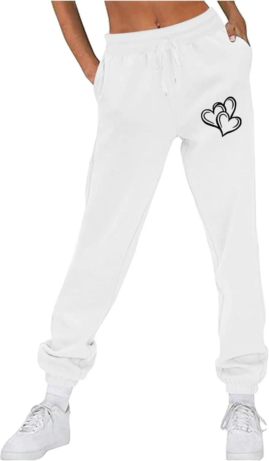 Workout Pants Women Trendy Heart Print Cinch Bottom Casual Pants High Waist Drawstring Jogger Sweatpants with Pockets