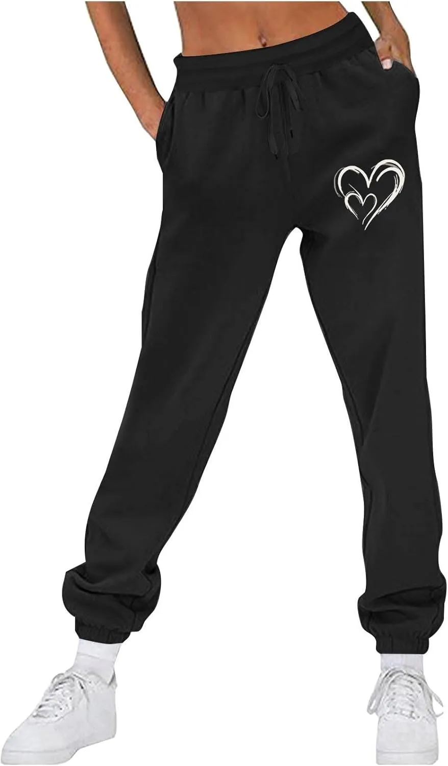 Workout Pants Women Trendy Heart Print Cinch Bottom Casual Pants High Waist Drawstring Jogger Sweatpants with Pockets