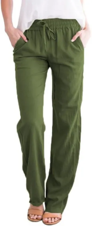 ZOCAVIA Women's Casual Linen Long Pants Drawstring Loose Fit Style Summer Baggy Sports Trousers with Pocke